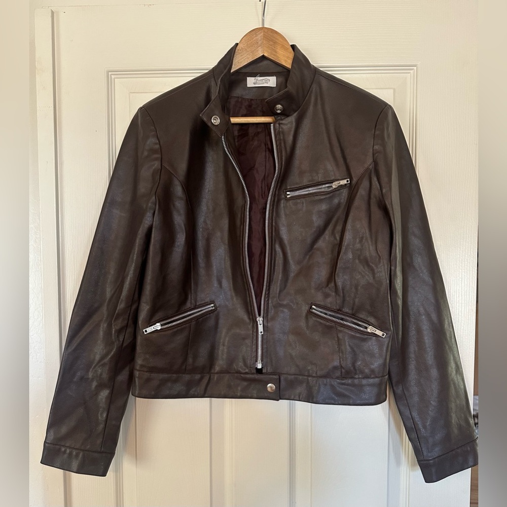 Pimkie Women's Chocolate Brown Faux Leather Moto Jacket